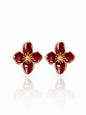 Gold and Burgundy Flower Stud Earrings